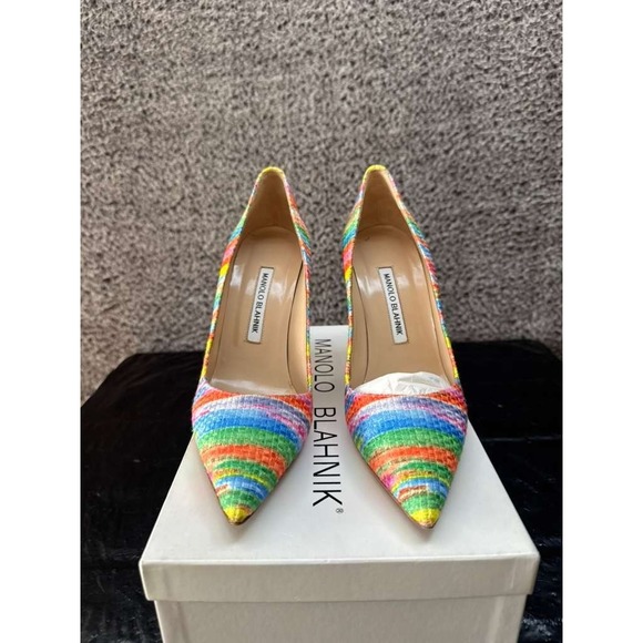 Manolo‎ Blahnik Bb Fabric 105mm Slip On Pumps Striped Rainbow Womens Size 38 EU - Picture 2 of 9